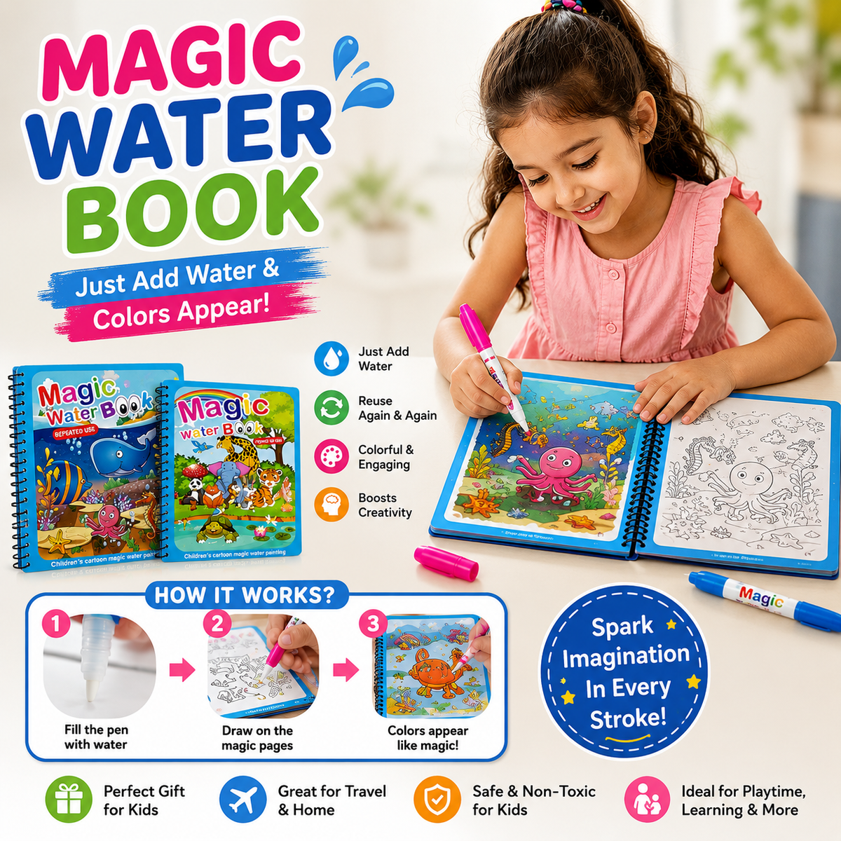 Magic Water Book for Kids – Reusable Coloring & Learning Book 🎨